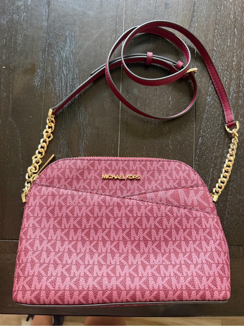 Michael Kors Rose-Pink Signature Crossbody with Gold Chain
